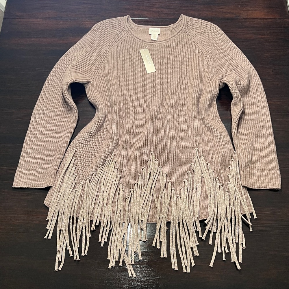 CHICO’S Drama Fringe Pull Over Sweater Taupe - Picture 3 of 12